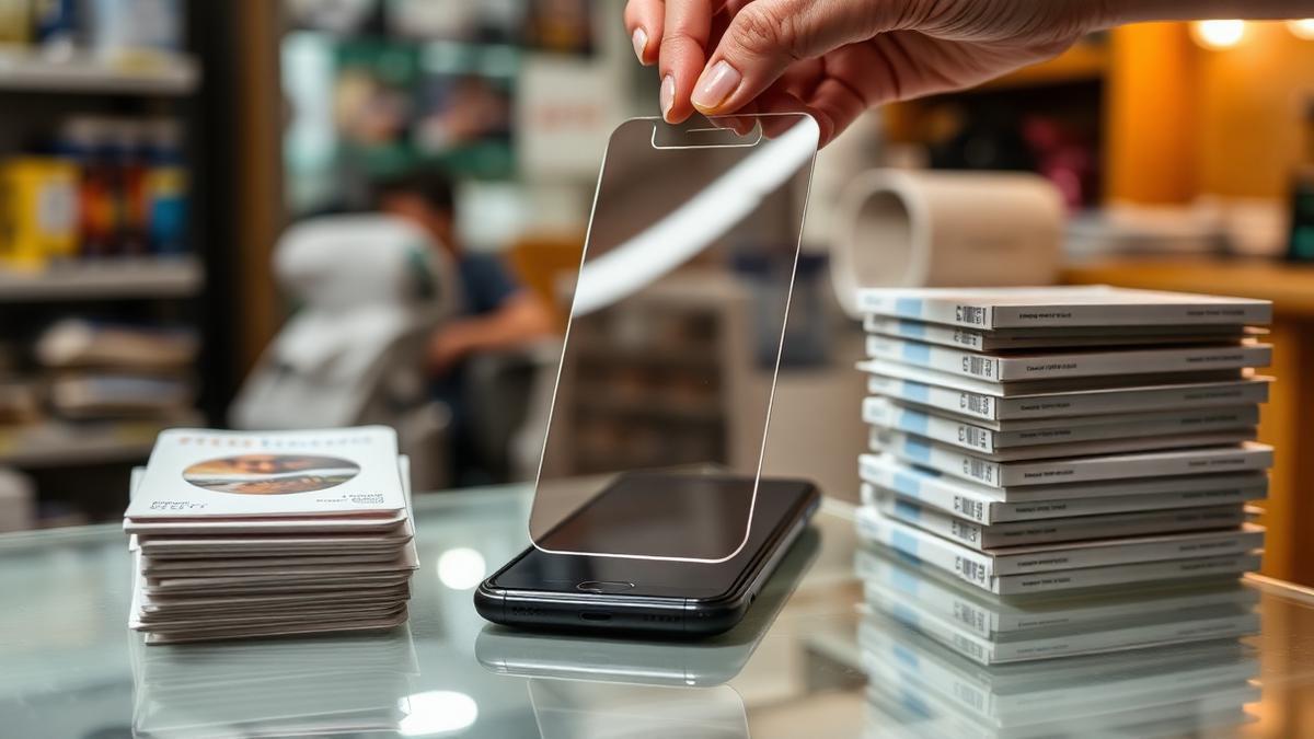 Screen protectors on the shelf, Sajj Fone Doctor, Duke Street Hill