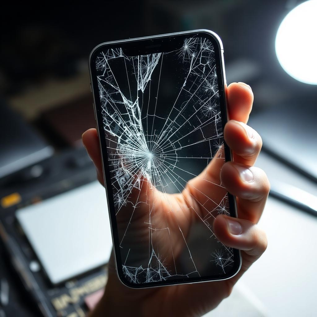 Before — shattered glass, touch failing on the right edge