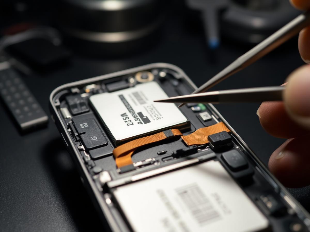 Handset opened for inspection, shields off, connectors exposed