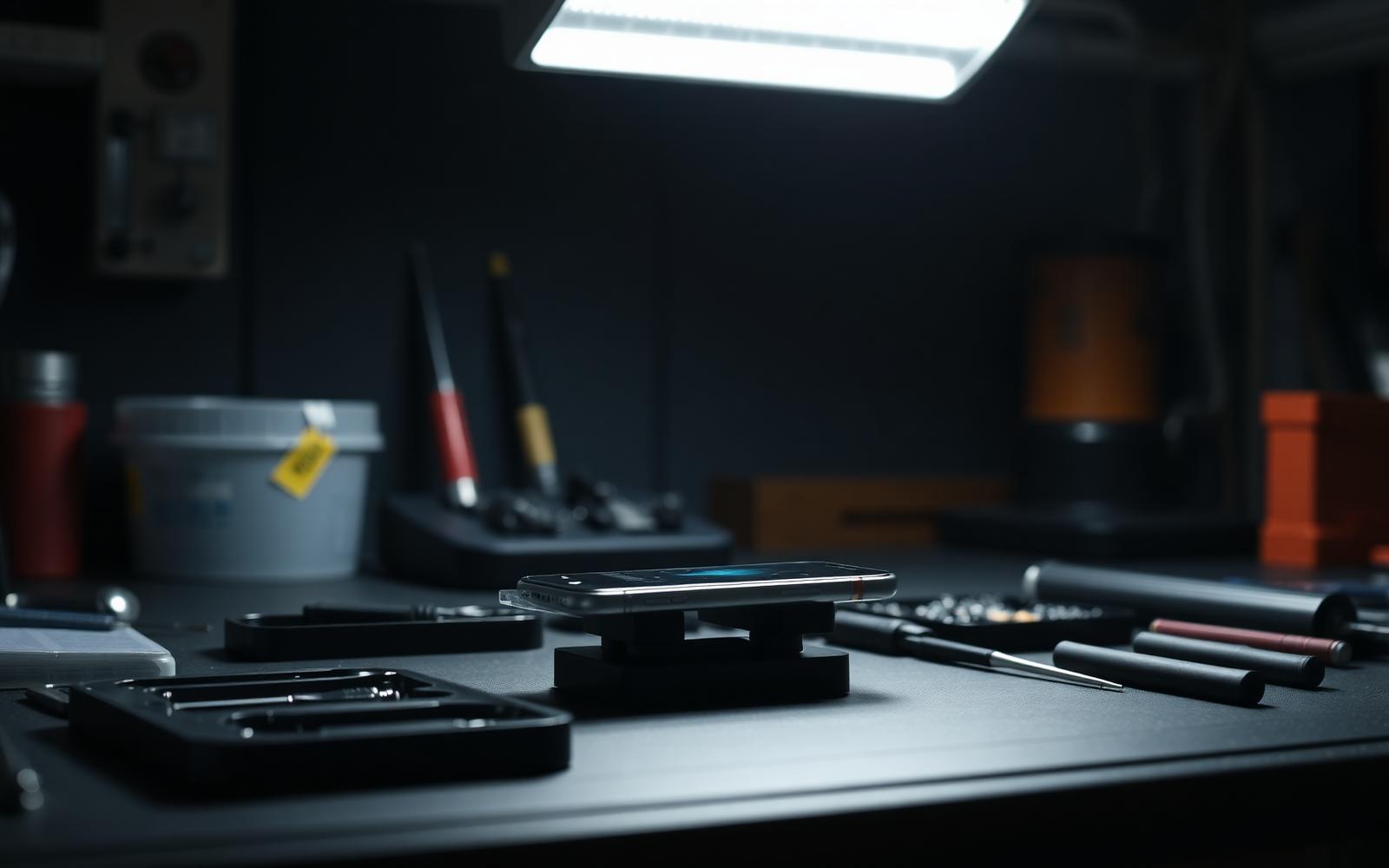 Repair bench at 17 Duke Street Hill, iPhone display lifted under task light