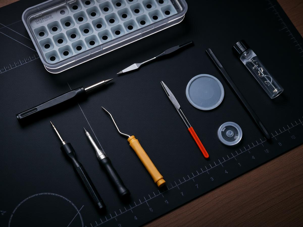 Precision drivers, spudgers and tweezers laid out on the repair mat