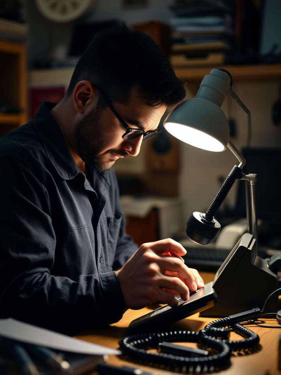 Sajj at the workbench, loupe in hand, Duke Street Hill shop
